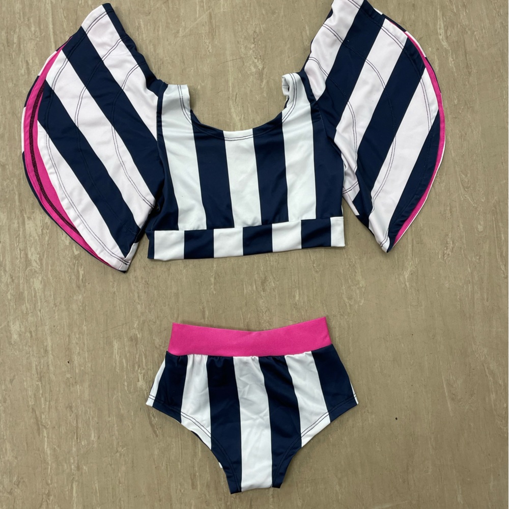 Kids Navy & White Stripe Dance Costume with Pink Accents